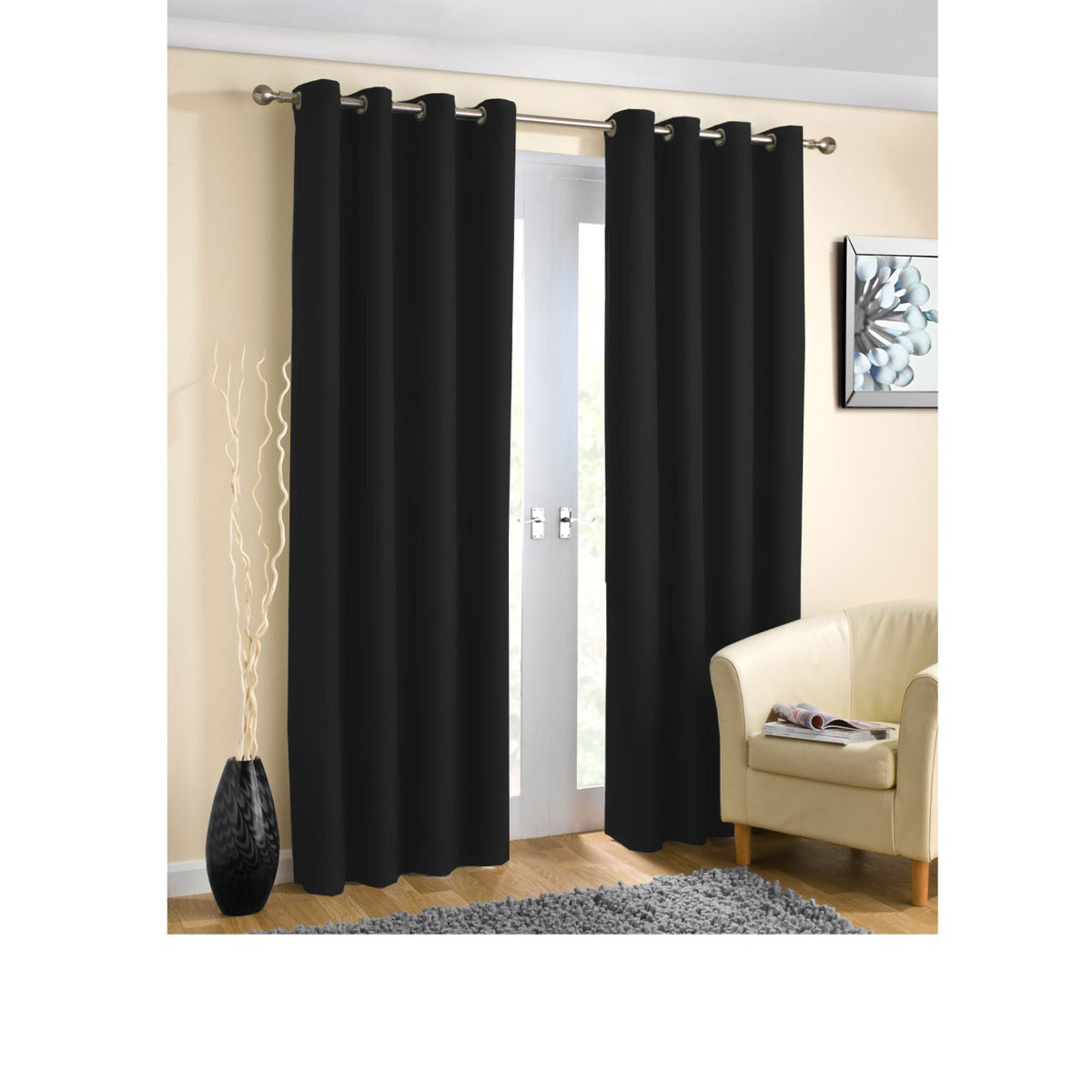 Pair of Blockout Plain Eyelet Curtains Black - SILBERSHELL