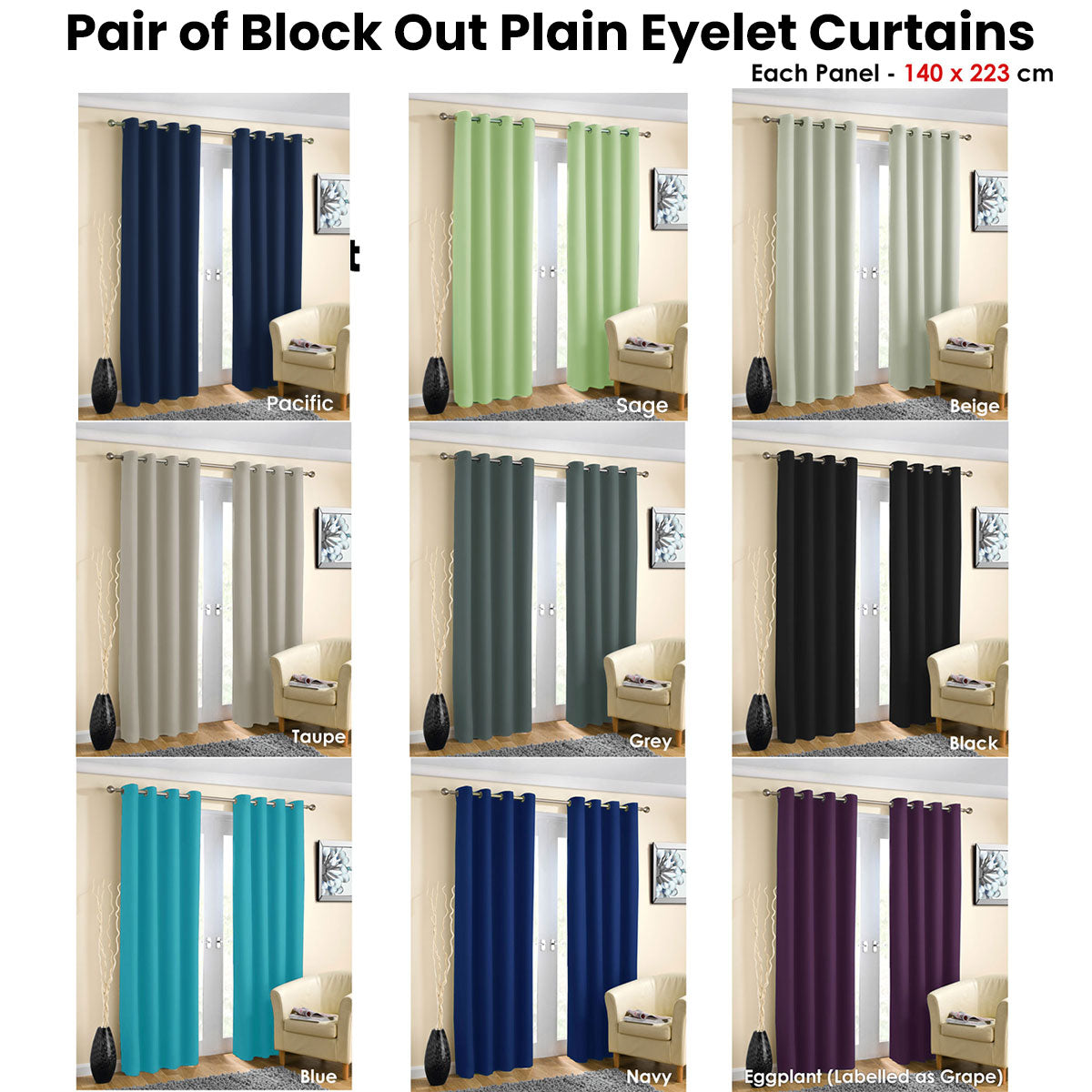 Pair of Blockout Plain Eyelet Curtains Black - SILBERSHELL