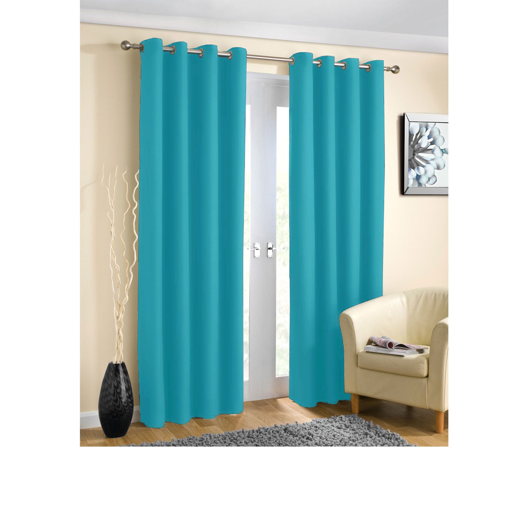 Pair of Blockout Plain Eyelet Curtains Blue - SILBERSHELL