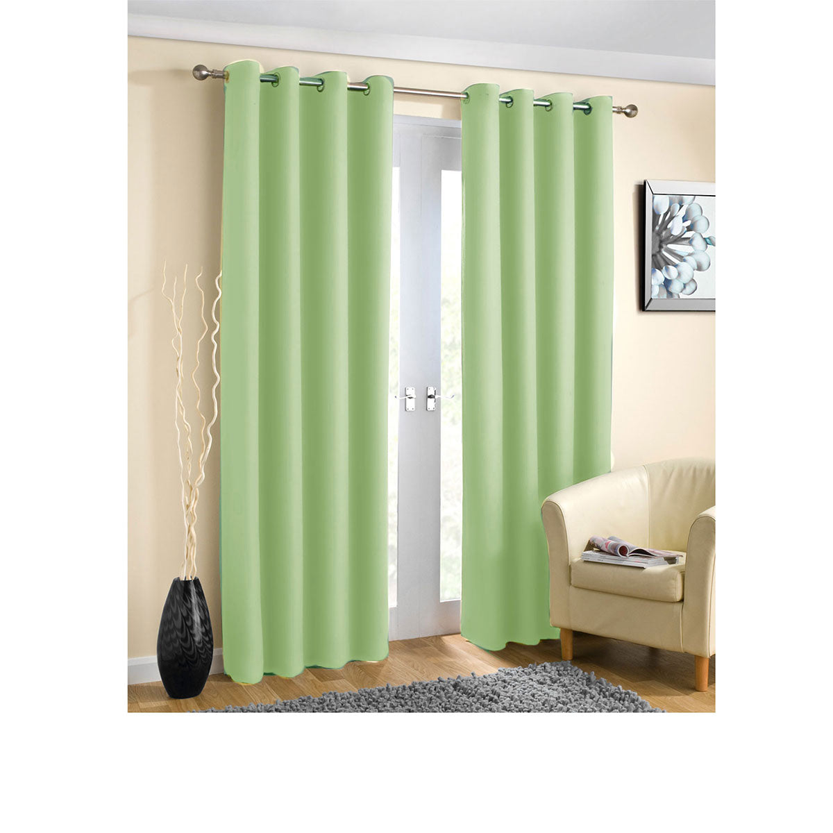 Pair of Blockout Plain Eyelet Curtains Sage - SILBERSHELL