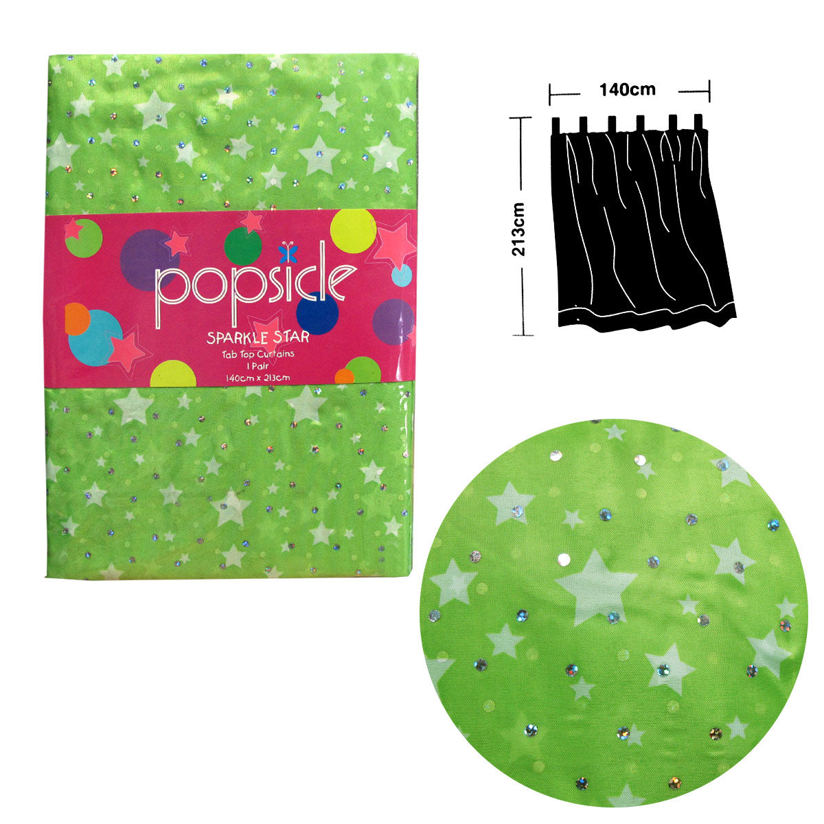 Pair of Organza Sequined Tab Top Curtains Sparkle Star Lime Green 140 x 213 cm - SILBERSHELL