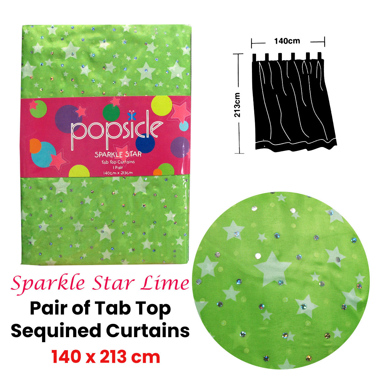 Pair of Organza Sequined Tab Top Curtains Sparkle Star Lime Green 140 x 213 cm - SILBERSHELL