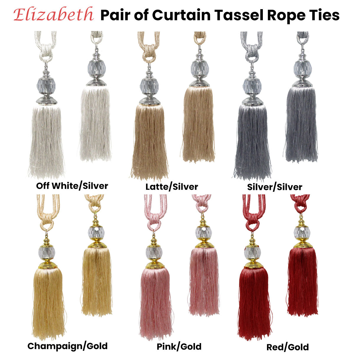Elizabeth Pair of Curtain Tassel Rope Ties Off White/Silver - SILBERSHELL