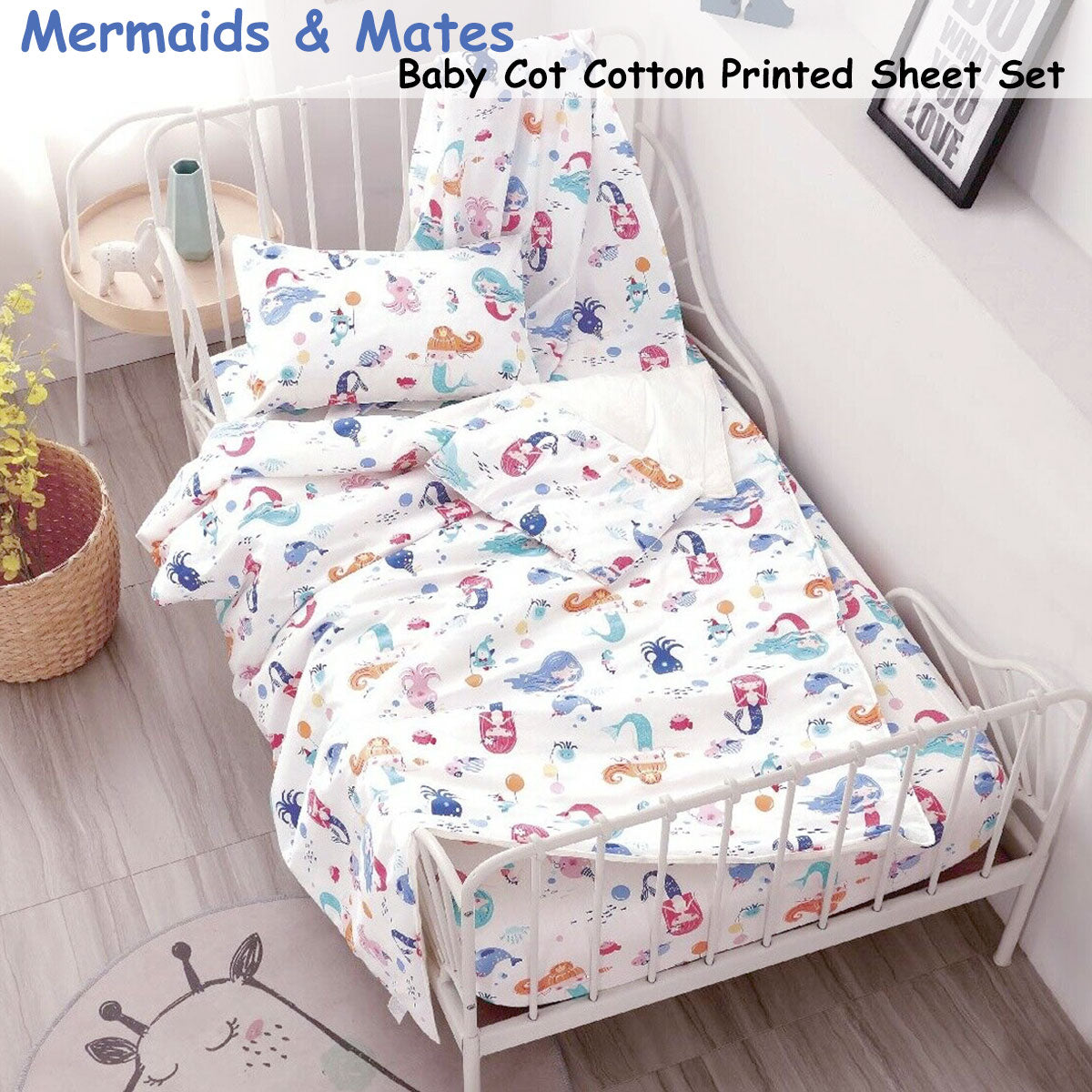 Mermaids & Mates Baby 100% Cotton Printed Sheet Set Cot Size - SILBERSHELL