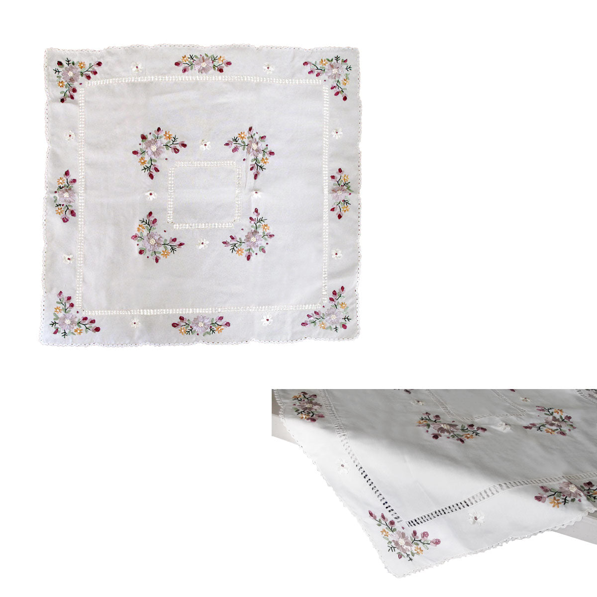 Victoriana White Applique Embroidered Table Topper 85 x 85 cm - SILBERSHELL