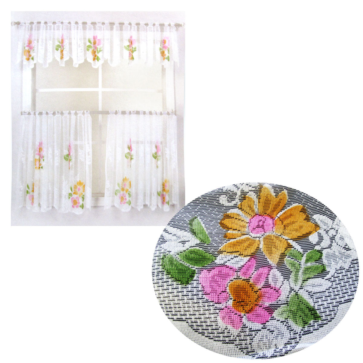 3 Pce Cafe Blooms Lace Kitchen Curtain Set - SILBERSHELL