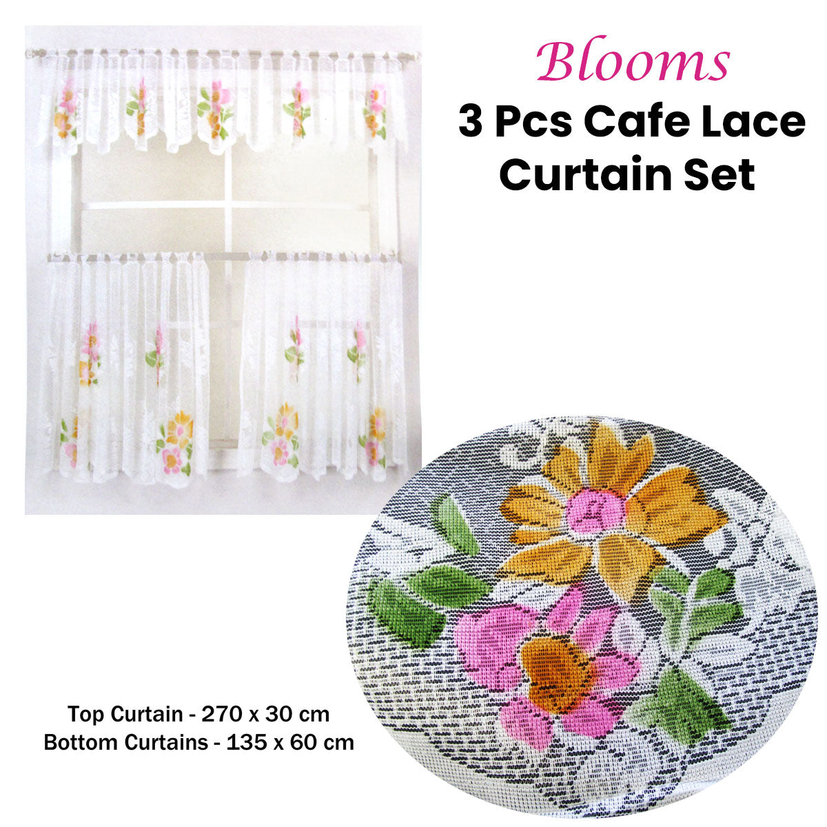 3 Pce Cafe Blooms Lace Kitchen Curtain Set - SILBERSHELL