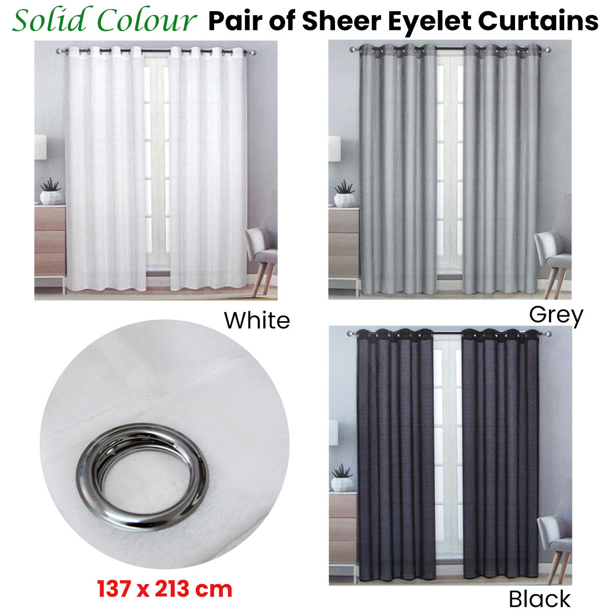 Pair of Solid Colour Sheer Eyelet Curtains 137 x 213 cm Black - SILBERSHELL