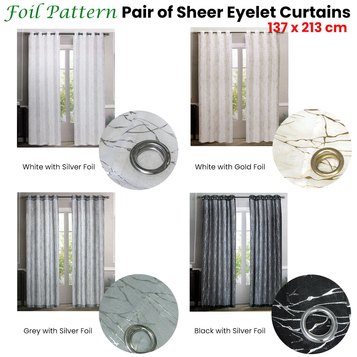 Pair of Sheer Eyelet Curtains Grey with Silver Foils 137 x 213 cm - SILBERSHELL