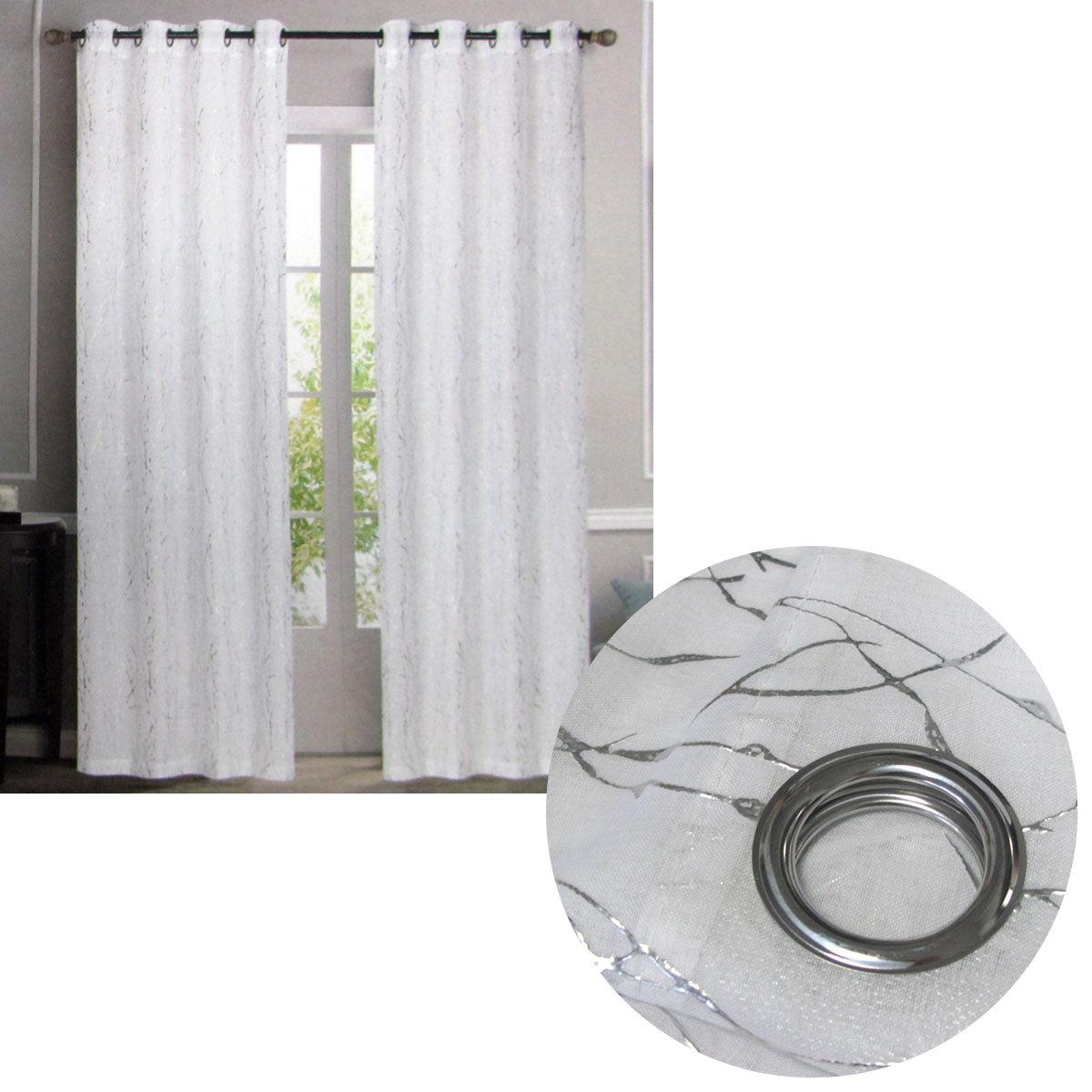 Pair of Sheer Eyelet Curtains White with Silver Foils 137 x 213 cm - SILBERSHELL