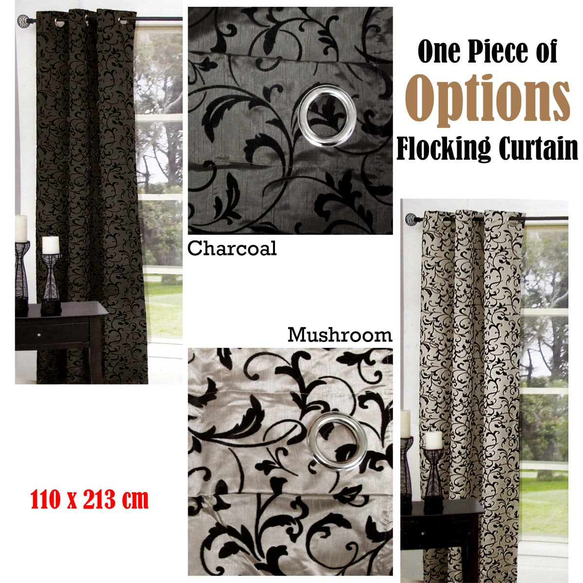 One Piece of Options Flocking Unlined Curtain 110 x 213 cm Charcoal - SILBERSHELL