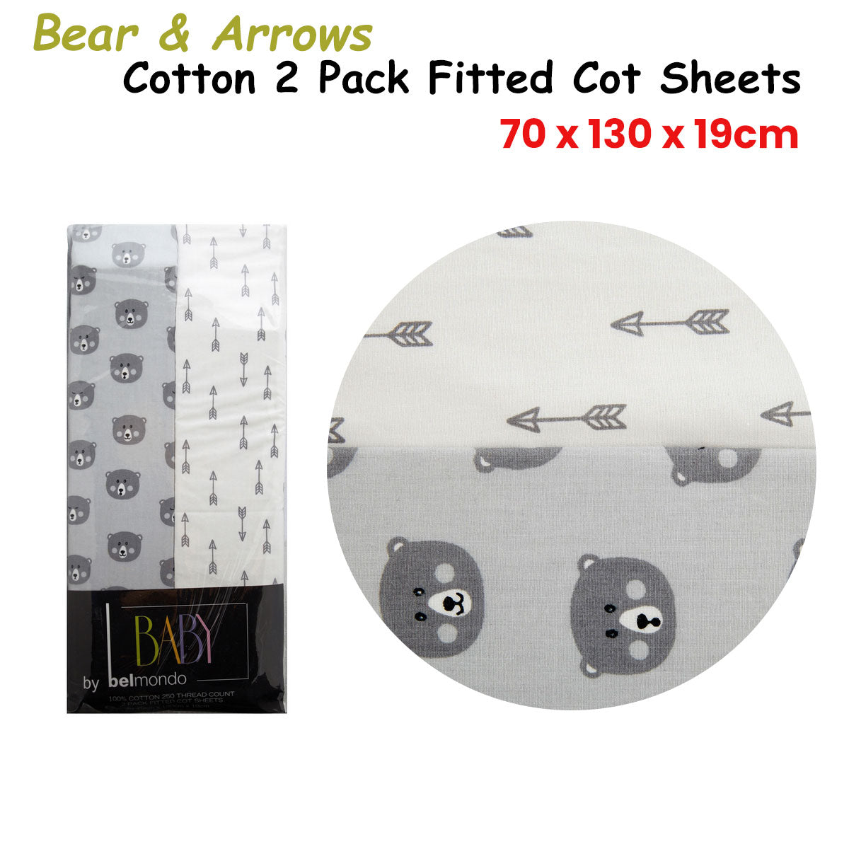 250TC Bears &amp; Arrows 2 Pack Fitted Cot Sheets 70 x 130 x 19 cm - SILBERSHELL