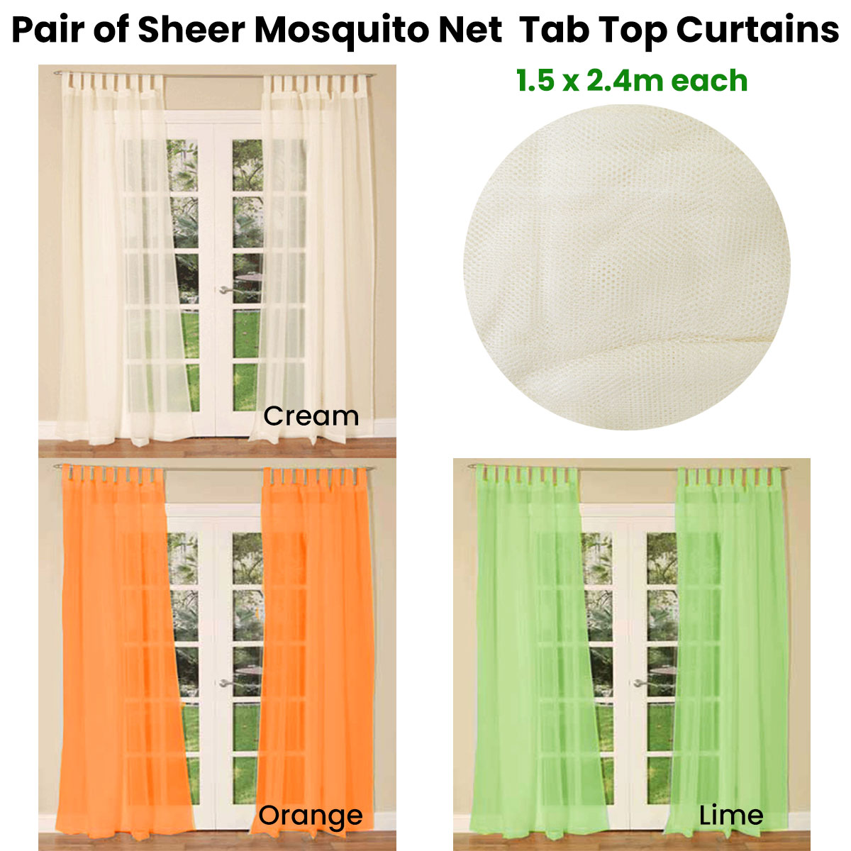 Pair of Sheer Mosquito Net Tab Top Curtains 150 x 240 cm Cream - SILBERSHELL