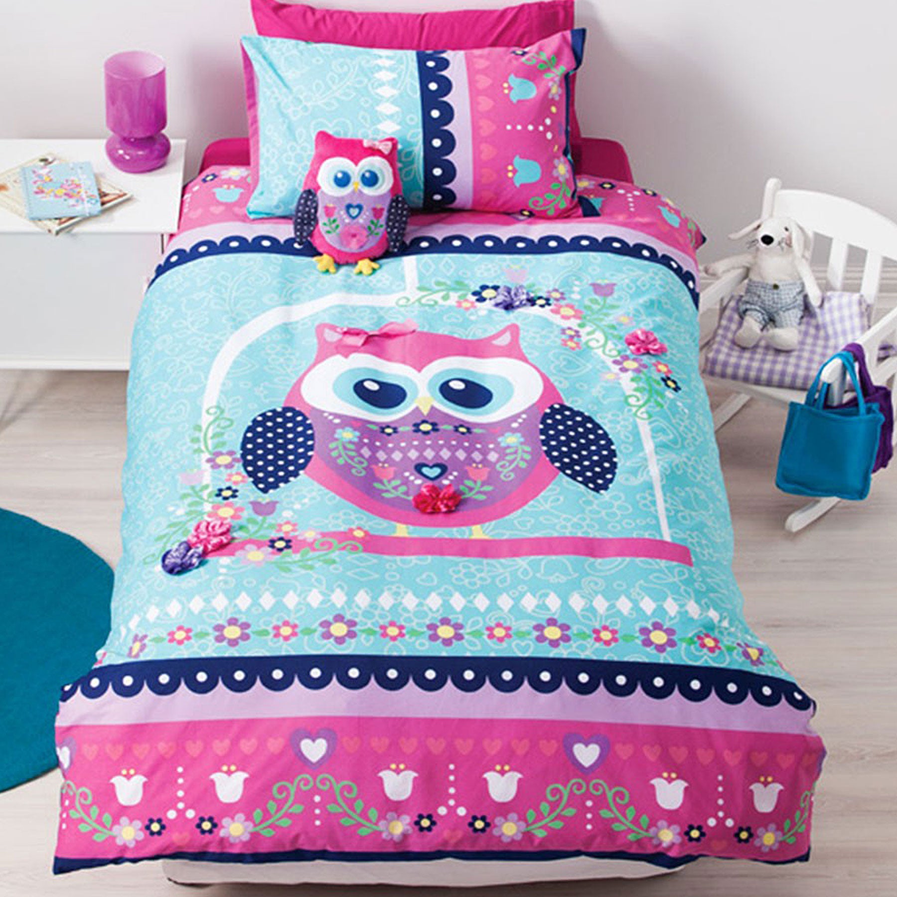 Cubby House Reversible Pretty Owl Quilt Cover Set Single - SILBERSHELL