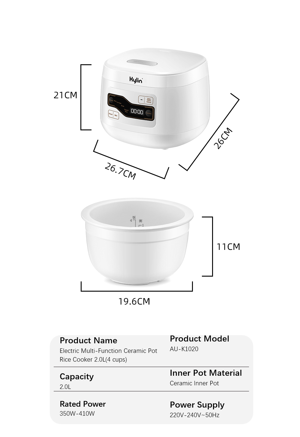 Kylin Electric Multi-Function 4 Cups Ceramic Pot Rice Cooker 2L White AU-K1020 - SILBERSHELL
