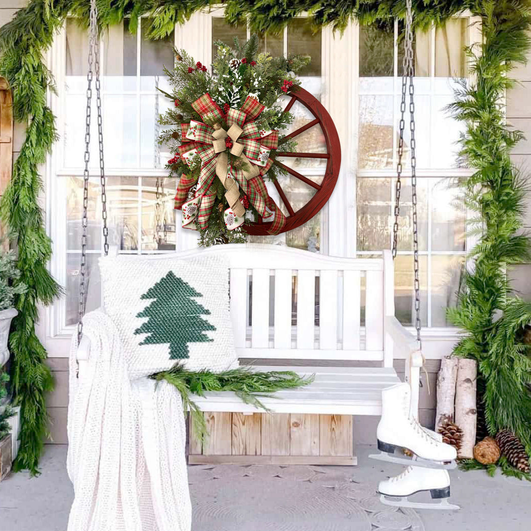 Christmas Red Wooden Wheel Wreath Front Door Hanging Garland Wall Decor(30*30cm) - SILBERSHELL