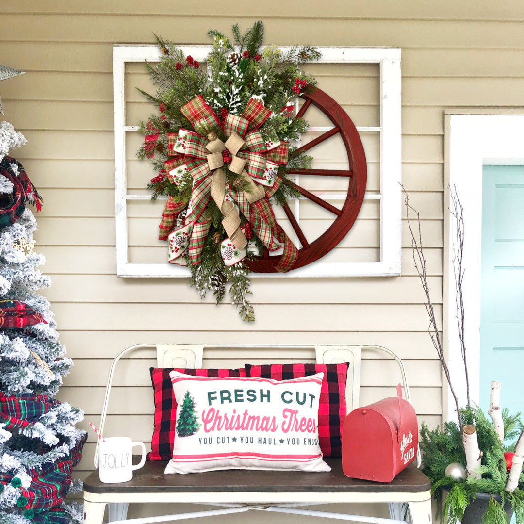 Christmas Red Wooden Wheel Wreath Front Door Hanging Garland Wall Decor(30*30cm) - SILBERSHELL