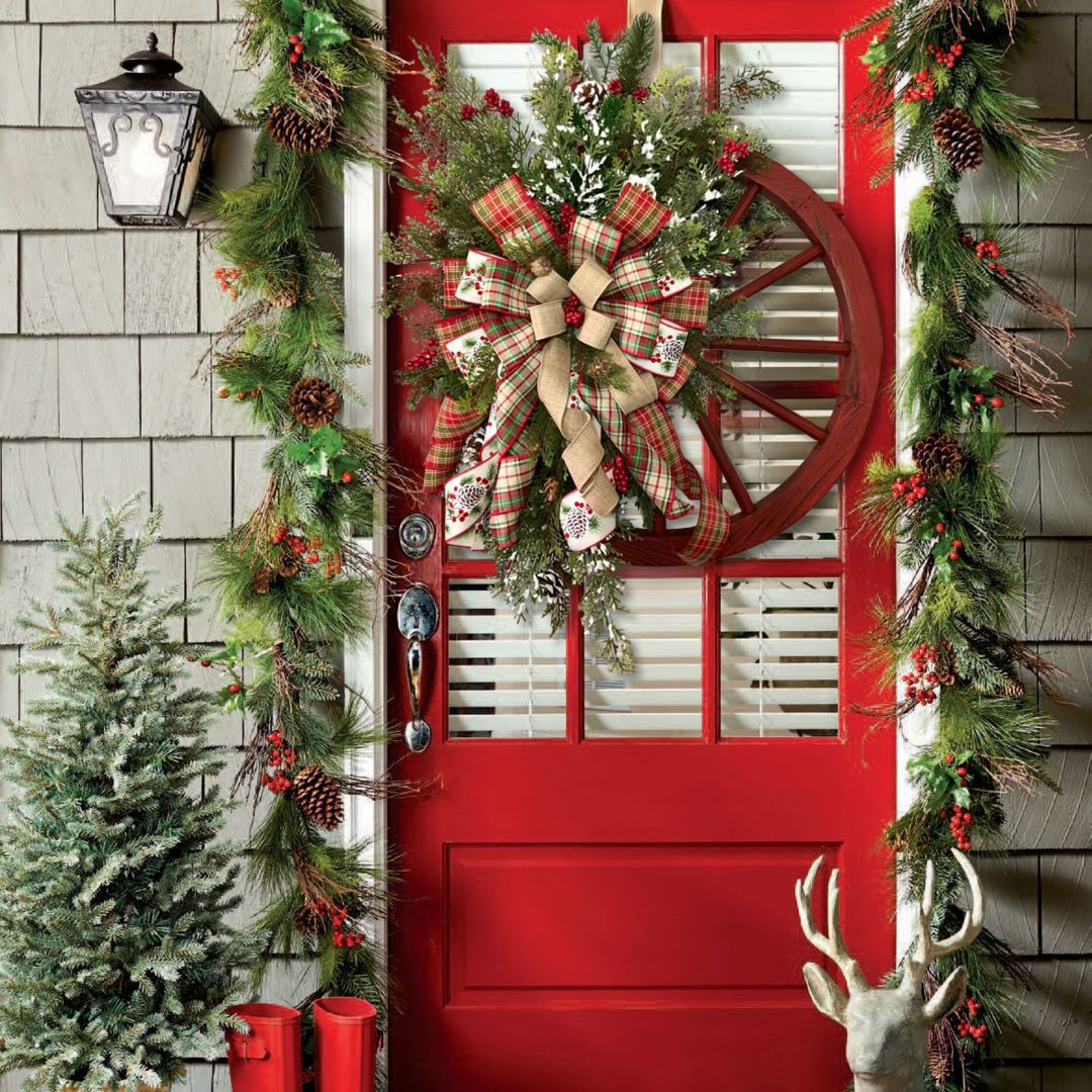 Christmas Red Wooden Wheel Wreath Front Door Hanging Garland Wall Decor(40*40cm) - SILBERSHELL