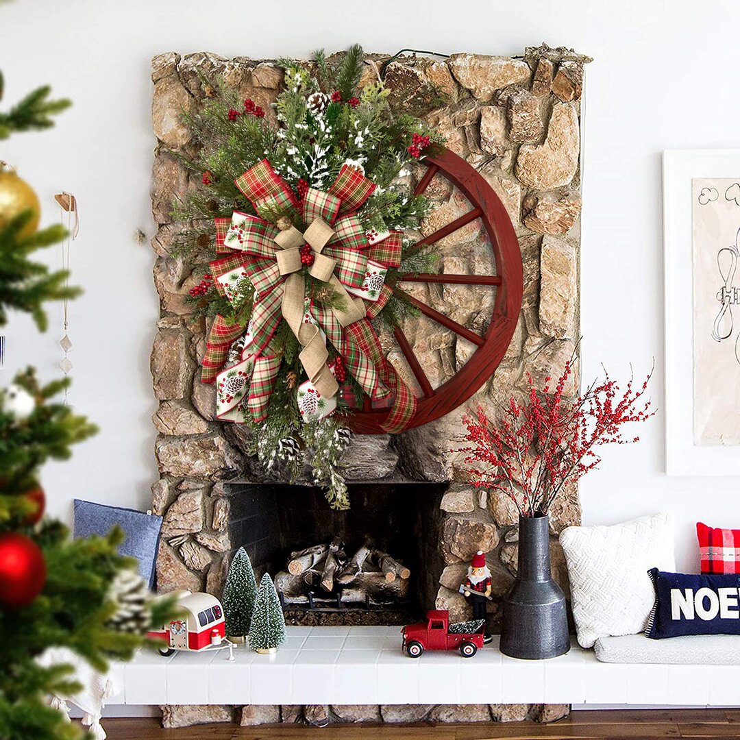 Christmas Red Wooden Wheel Wreath Front Door Hanging Garland Wall Decor(40*40cm) - SILBERSHELL