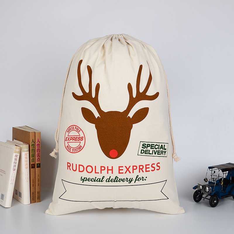 Large Christmas XMAS Hessian Santa Sack Stocking Bag Reindeer Children Gifts Bag, Cream - Rudolph Express - SILBERSHELL