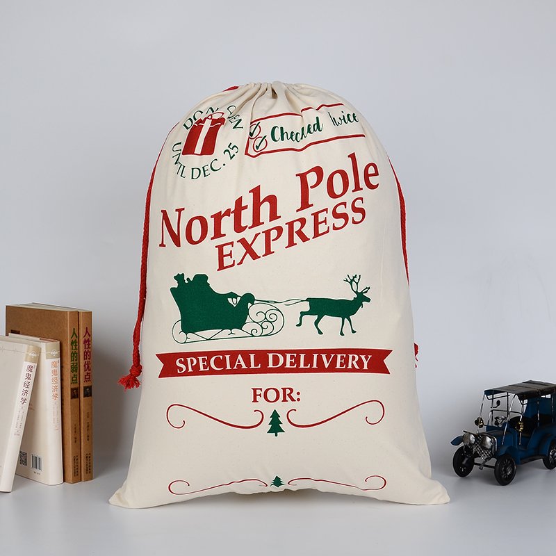 Large Christmas XMAS Hessian Santa Sack Stocking Bag Reindeer Children Gifts Bag, Cream - North Pole Express - SILBERSHELL
