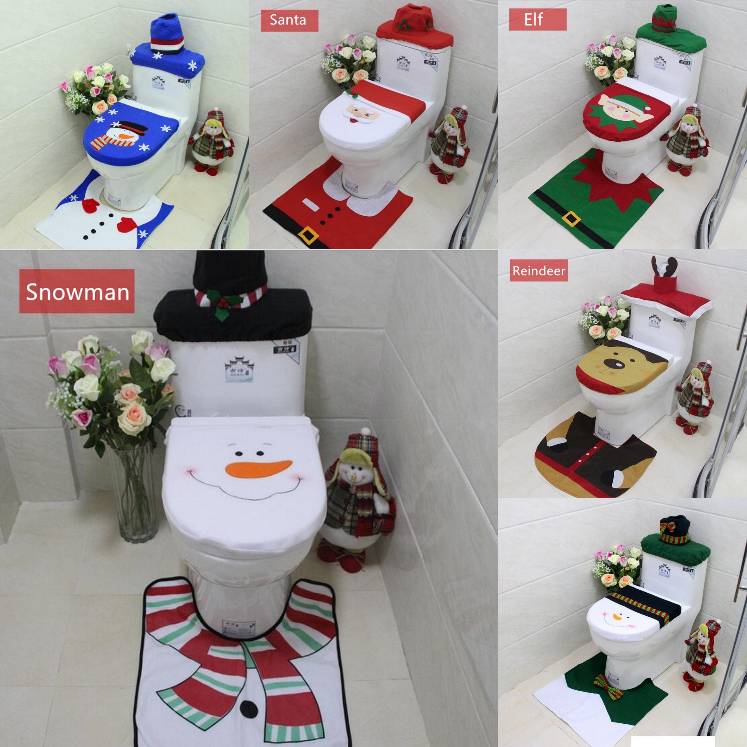 4pcs Christmas Toilet Seat Cover Rug Bathroom Set Santa Snowman Xmas Home Décor, Elf - SILBERSHELL
