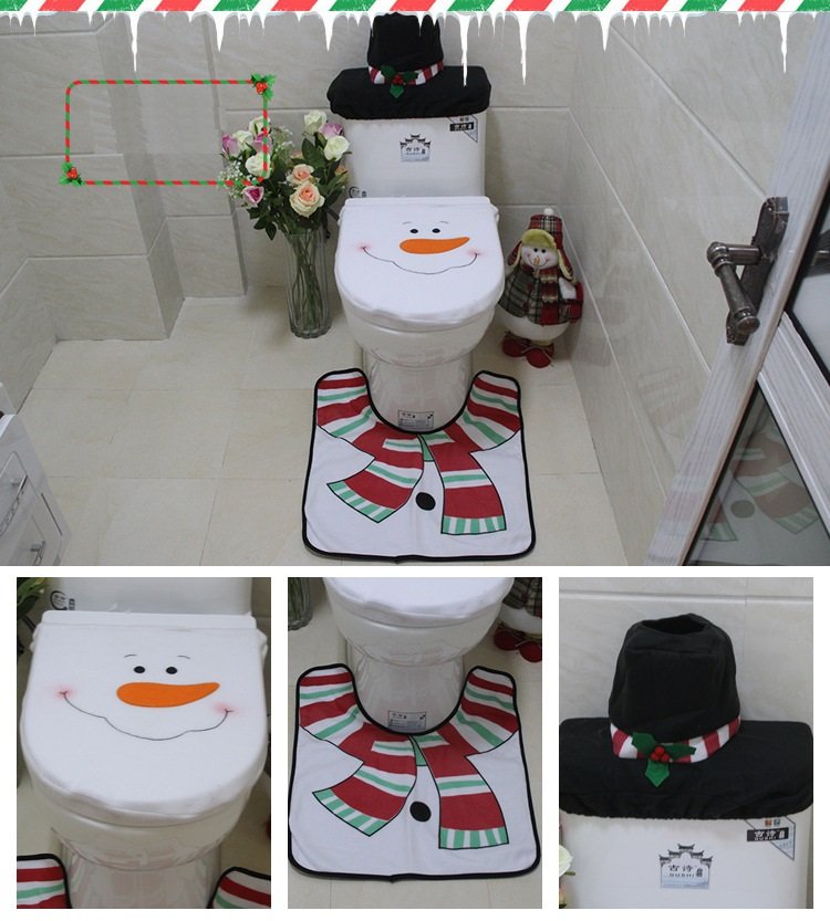 4pcs Christmas Toilet Seat Cover Rug Bathroom Set Santa Snowman Xmas Home Décor, Snowman A - SILBERSHELL