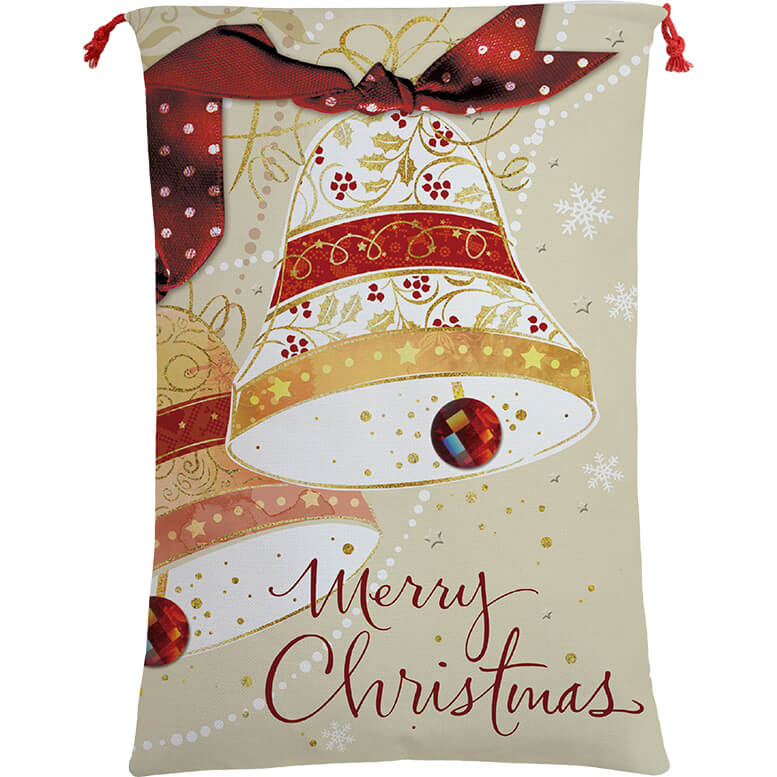 50x70cm Canvas Hessian Christmas Santa Sack Xmas Stocking Reindeer Kids Gift Bag, Merry Christmas Bells - SILBERSHELL