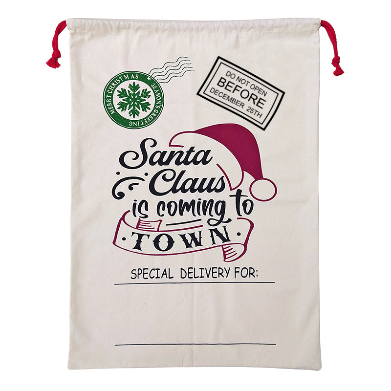 Large Christmas XMAS Hessian Santa Sack Stocking Bag Reindeer Children Gifts Bag, Cream - Santa Coming To Town - SILBERSHELL
