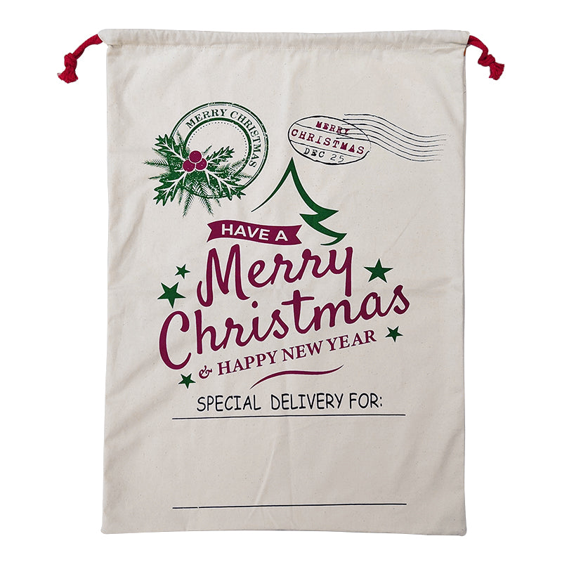 Large Christmas XMAS Hessian Santa Sack Stocking Bag Reindeer Children Gifts Bag, Cream - Happy New Year - SILBERSHELL