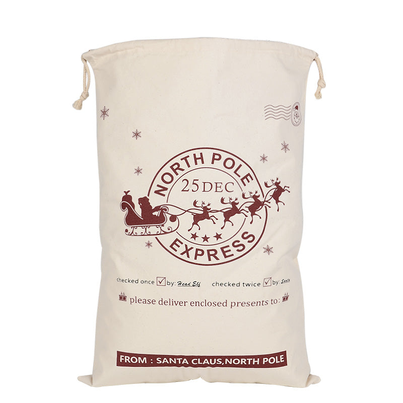50x70cm Canvas Hessian Christmas Santa Sack Xmas Stocking Reindeer Kids Gift Bag, Cream - Checked By Head Ell - SILBERSHELL