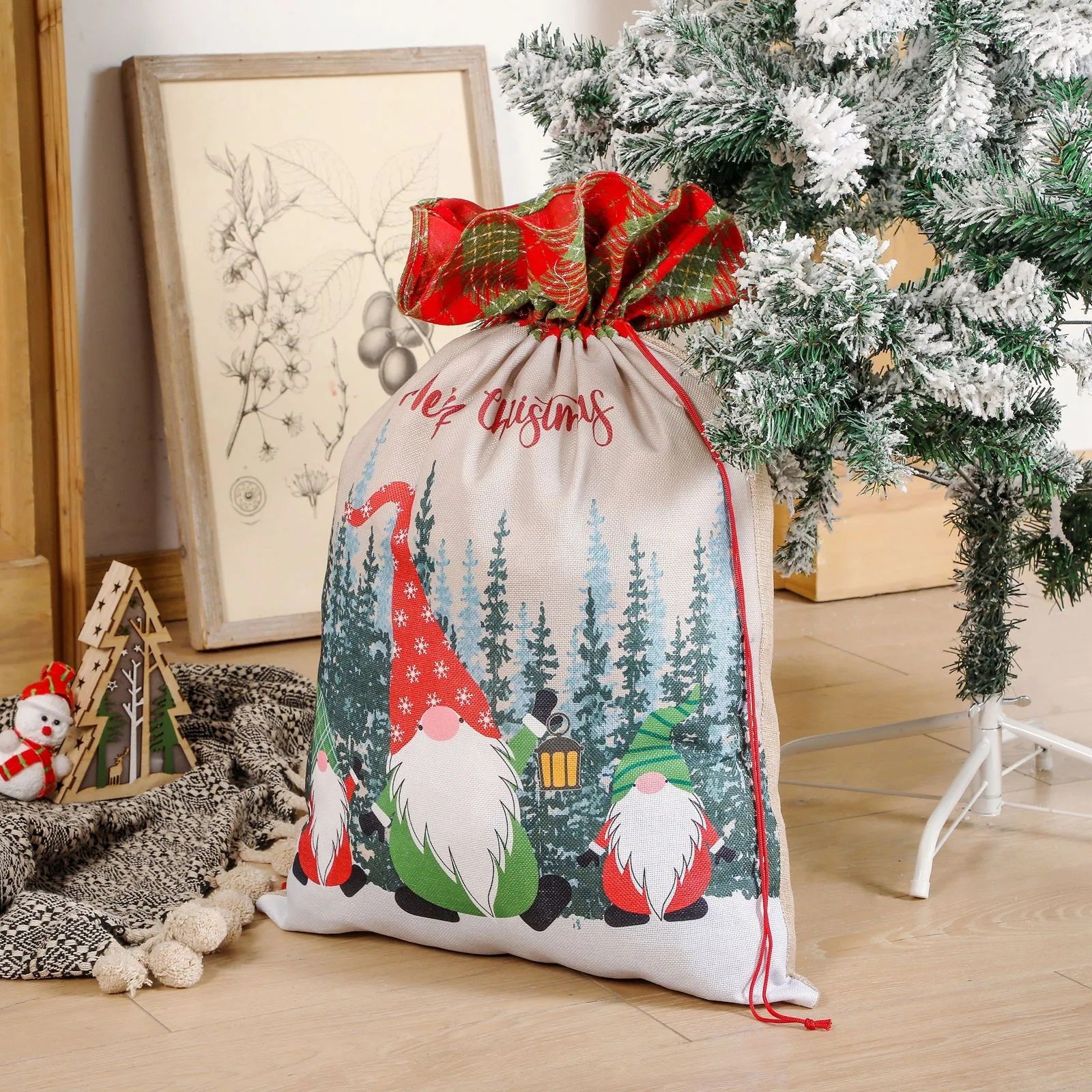 50x70cm Canvas Hessian Christmas Santa Sack Xmas Stocking Reindeer Kids Gift Bag, Cream - Faceless Santa (A) - SILBERSHELL