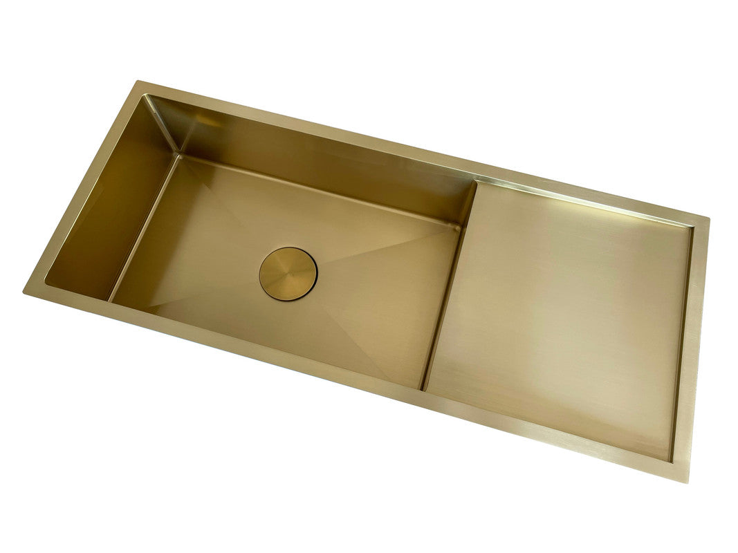 2024 Brushed brass gold single long bowl drainer stainless steel 304 kitchen sink - SILBERSHELL