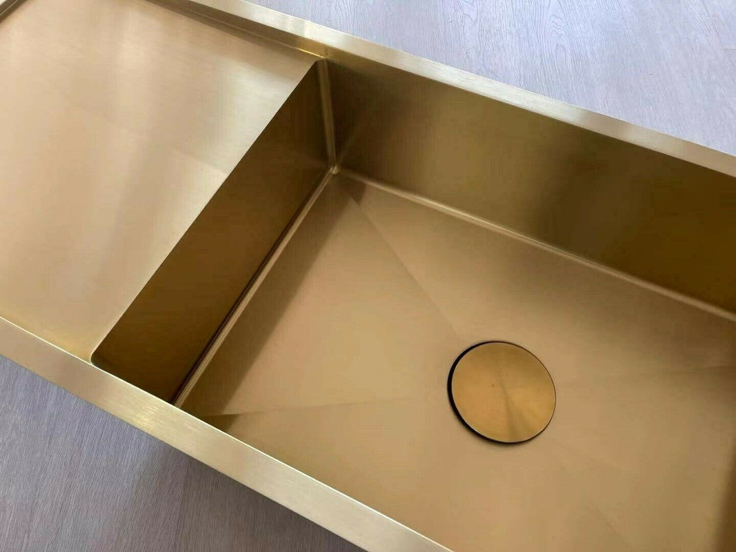 2024 Brushed brass gold single long bowl drainer stainless steel 304 kitchen sink - SILBERSHELL