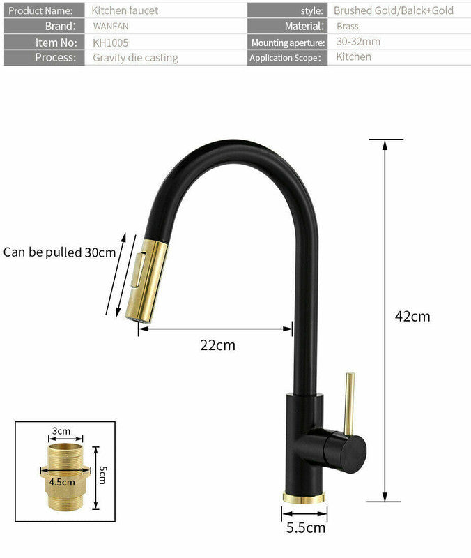 2023 Brushed Gold Spout Matte Black pull out with spray function kitchen mixer tap faucet - SILBERSHELL