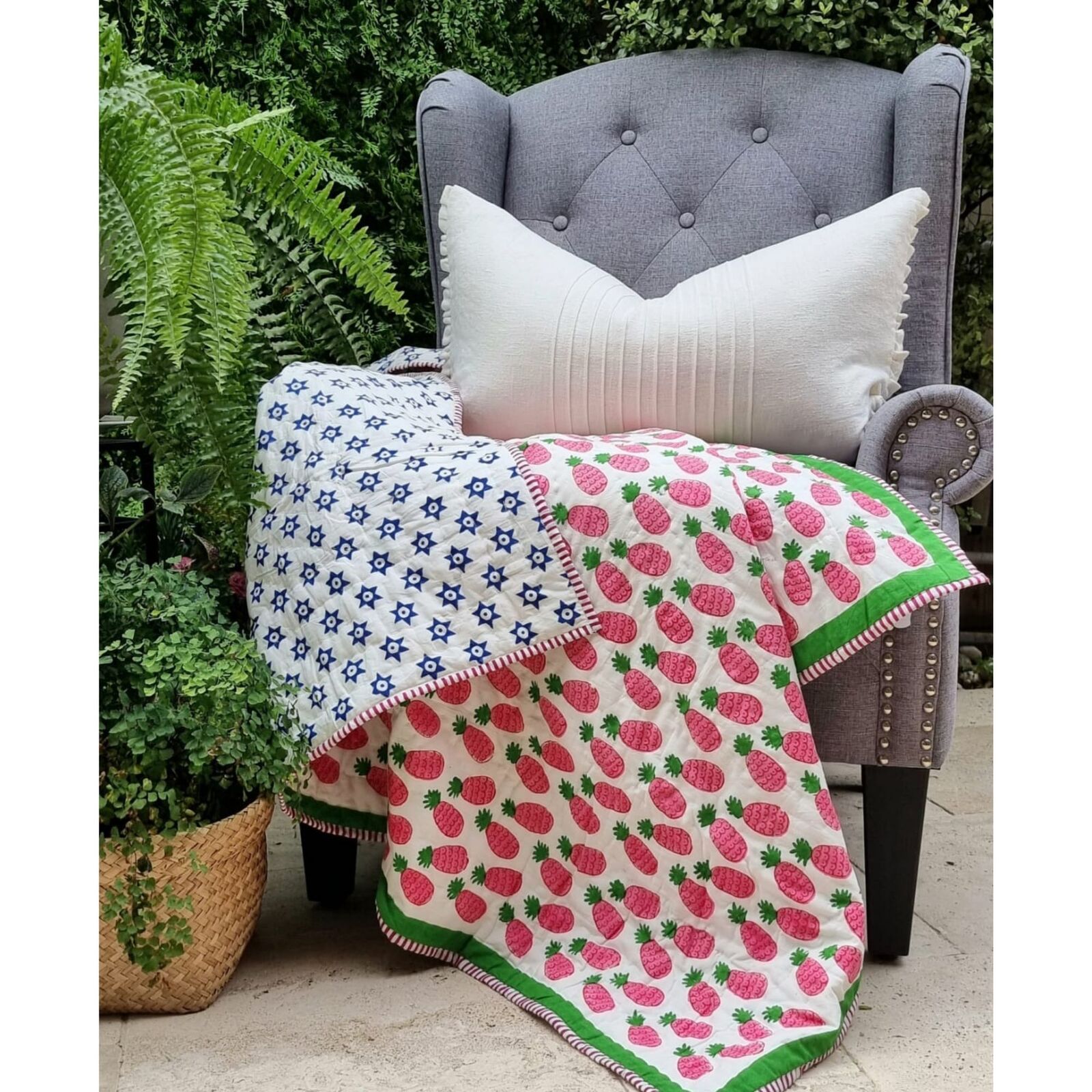 GOTS Certified Organic Cotton Reversible Baby Quilt (100x120cm) - Pink Pineapple - SILBERSHELL