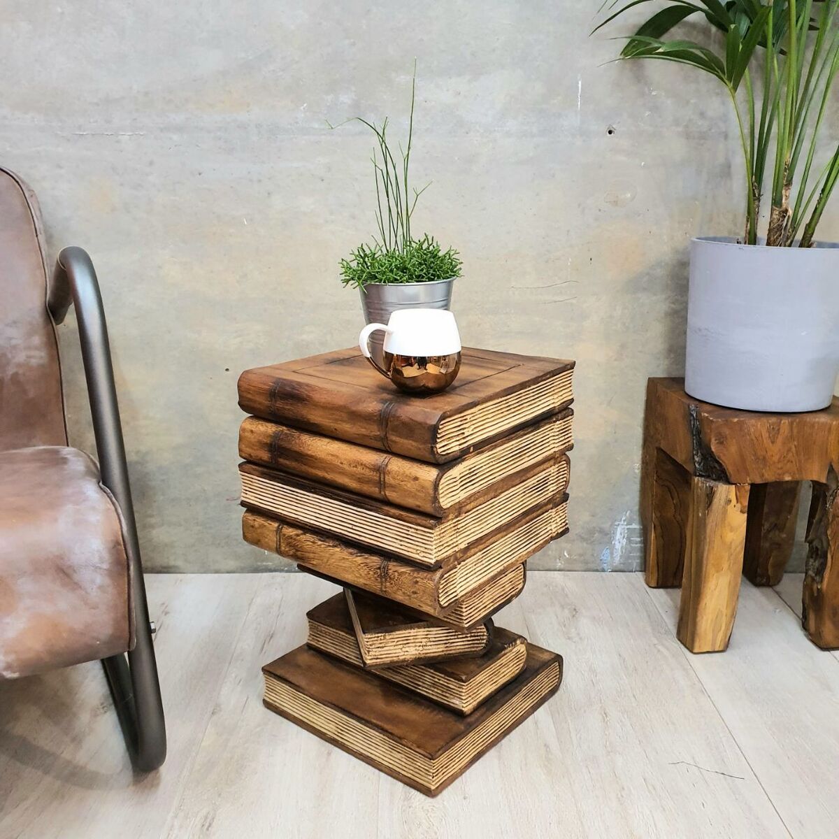 Side Table Book Stack Design w Storage Compartment Natural Burned - SILBERSHELL