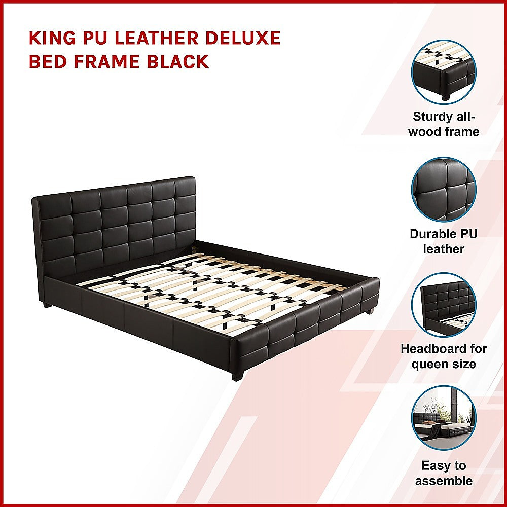 King PU Leather Deluxe Bed Frame Black - SILBERSHELL