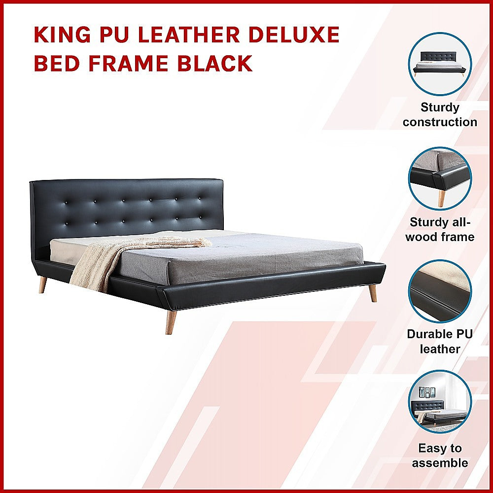 King PU Leather Deluxe Bed Frame Black - SILBERSHELL