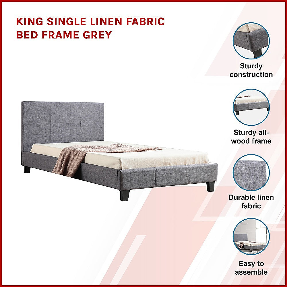 King Single Linen Fabric Bed Frame Grey - SILBERSHELL