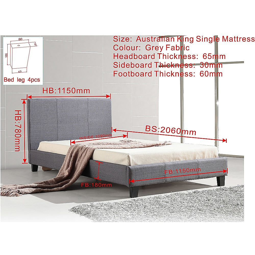 King Single Linen Fabric Bed Frame Grey - SILBERSHELL