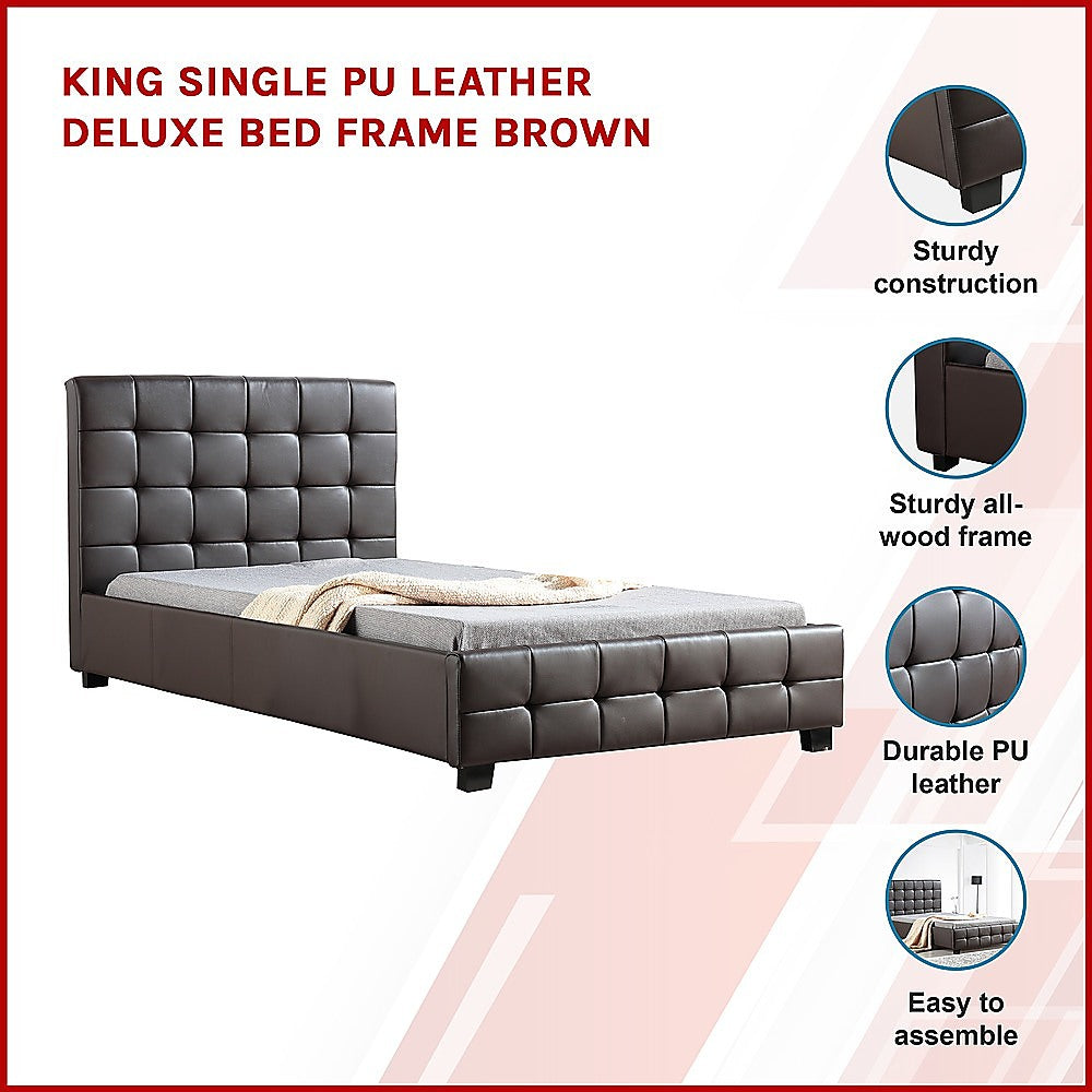 King Single PU Leather Deluxe Bed Frame Brown - SILBERSHELL