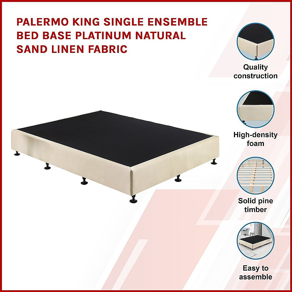 Palermo King Single Ensemble Bed Base Platinum Natural Sand Linen Fabric - SILBERSHELL