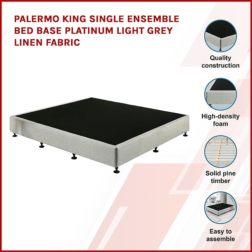 Palermo King Single Ensemble Bed Base Platinum Light Grey Linen Fabric - SILBERSHELL