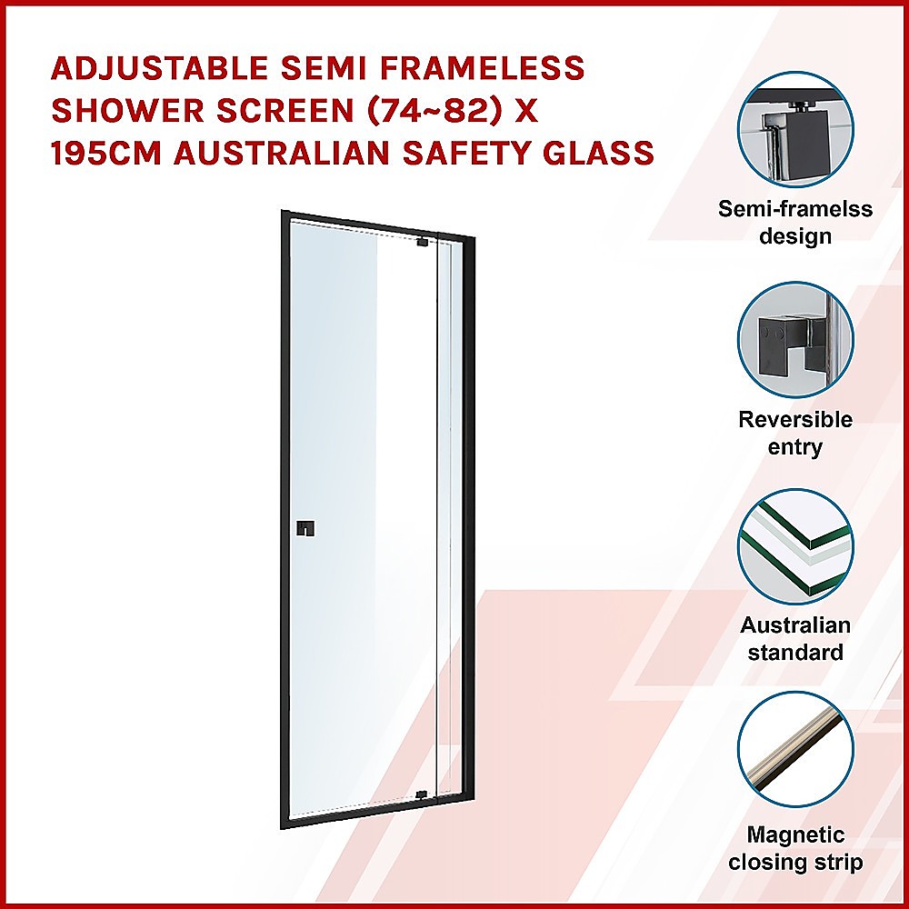 Adjustable Semi Frameless Shower Screen (74~82) x 195cm Australian Safety Glass - SILBERSHELL