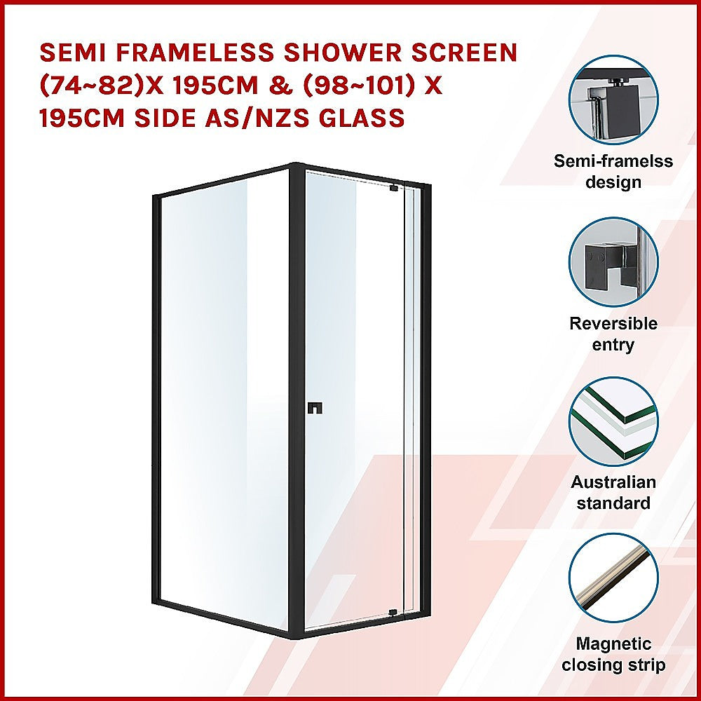 Semi Frameless Shower Screen (74~82)x 195cm & (98~101)x 195cm Side AS/NZS Glass - SILBERSHELL