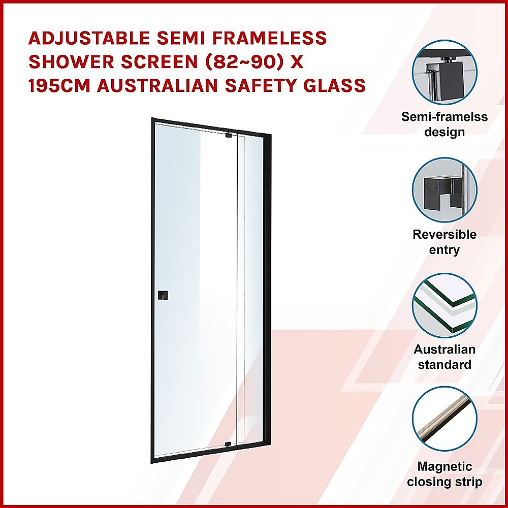 Adjustable Semi Frameless Shower Screen (82~90) x 195cm Australian Safety Glass - SILBERSHELL