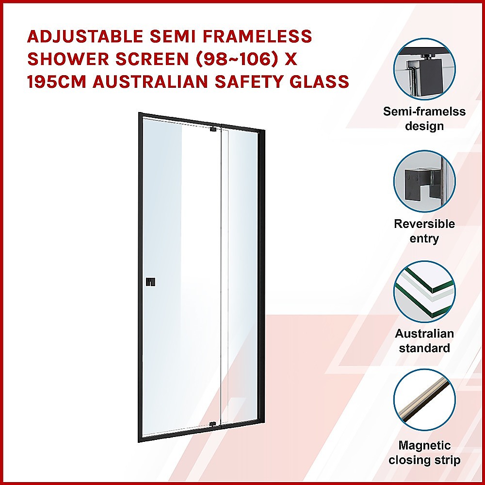 Adjustable Semi Frameless Shower Screen (98~106) x 195cm Australian Safety Glass - SILBERSHELL