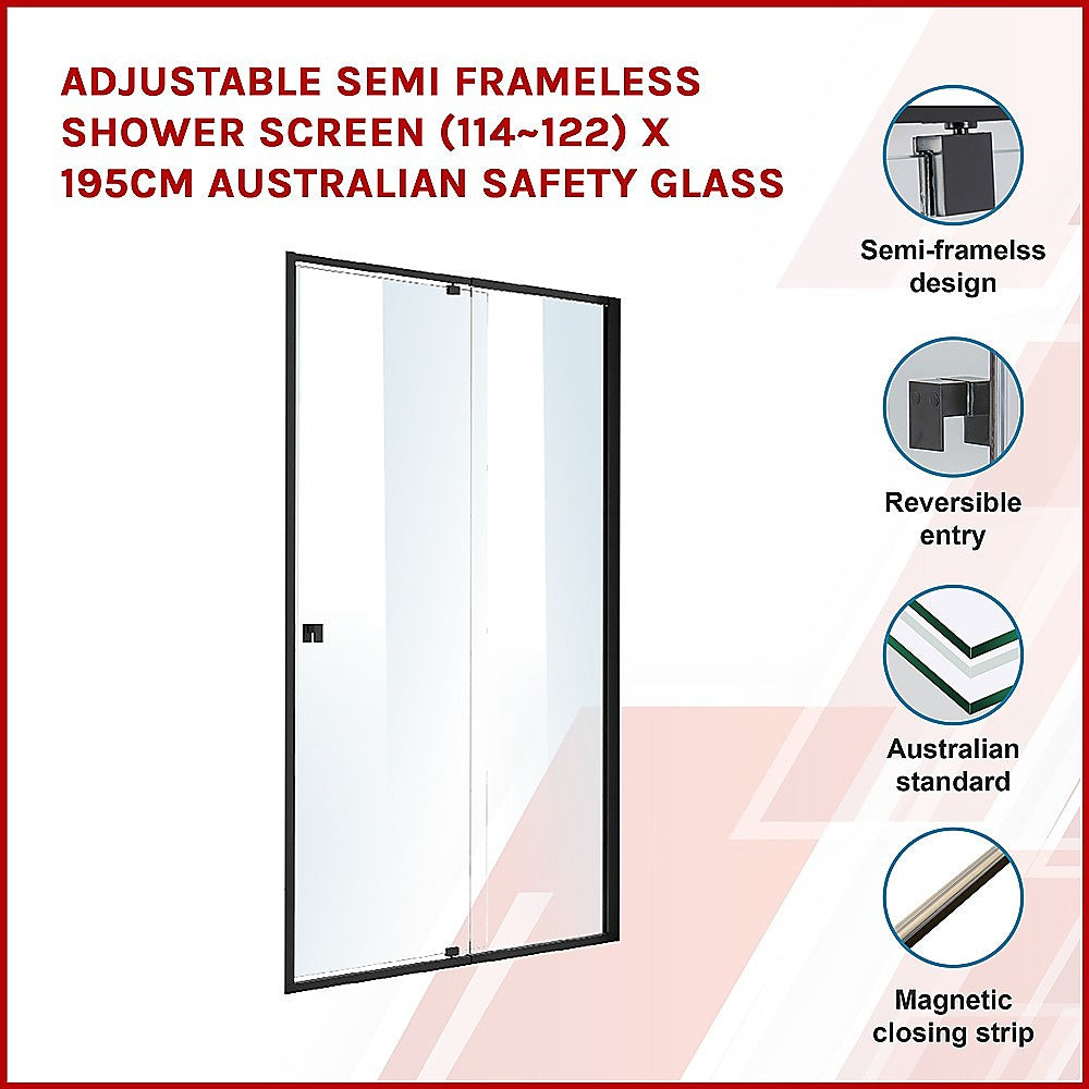 Adjustable Semi Frameless Shower Screen (114~122) x 195cm Australian Safety Glass - SILBERSHELL