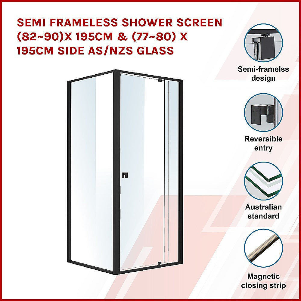 Semi Frameless Shower Screen (82~90)x 195cm & (77~80)x 195cm Side AS/NZS Glass - SILBERSHELL